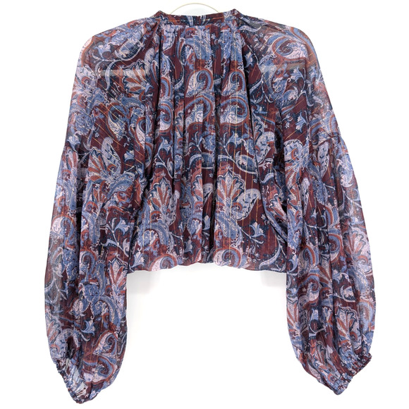 Bishop + Young Paisley Button Up Balloon Sleeve Sheer Bubble Hem Blouse Small - Picture 4 of 9